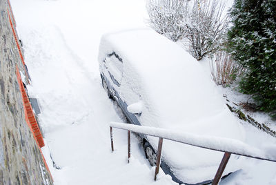 High angle view of snow covered field