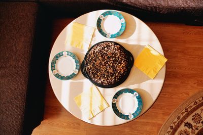 High angle view of cake in plate on table