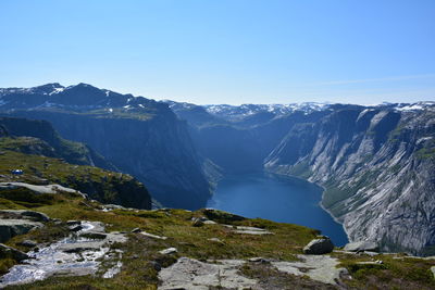 Scenic view of mountains against clear blue sky