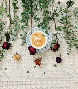 High angle view of breakfast on table