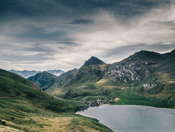 Scenic view of lake and mountains against sky