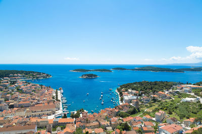 High angle view of town on sea