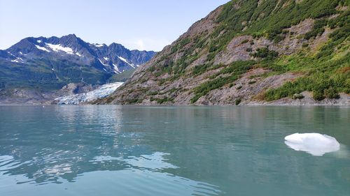 Scenic view of lake and mountains against sky