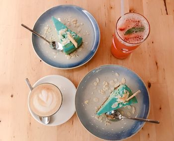 High angle view of breakfast on table