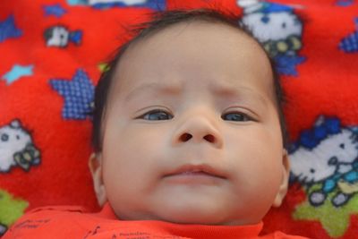 Portrait of cute baby girl lying on bed