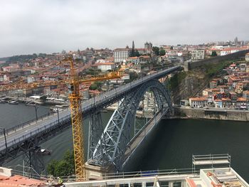 High angle view of bridge over river in city against sky