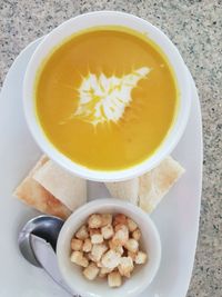 High angle view of breakfast on table