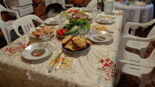 High angle view of food served on table