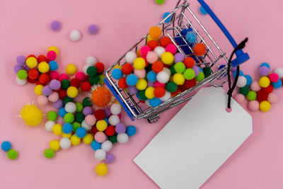 High angle view of multi colored balls on table