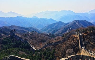 View of great wall of china on mountains