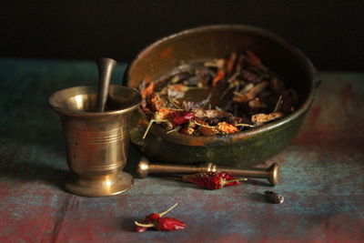 Close-up of dried chili peppers on table