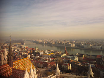 Panoramic view from above on landmarks of budapest at summer sunset, hungary