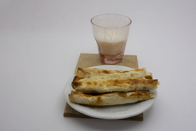 Close-up of breakfast on table against white background