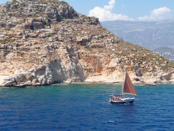 Scenic view of boats sailing in sea