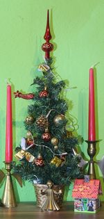 Close-up of christmas decoration on table
