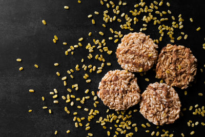 High angle view of breakfast on black background