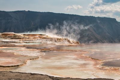 Colorful landscape of mineral deposits at canary hot springs in yellowstone national park, montana