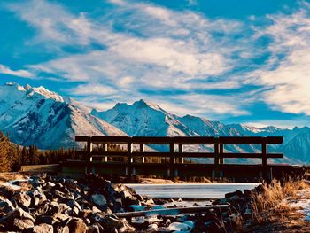 Scenic view of snowcapped mountains against sky