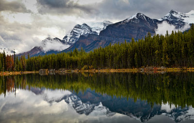 Scenic view of lake and mountains against sky