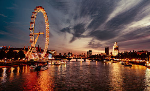 Ferris wheel in city at sunset