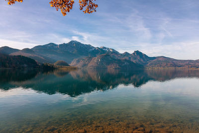 Reflection of mountain in lake against cloudy sky