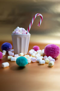 Close-up of cake served on table