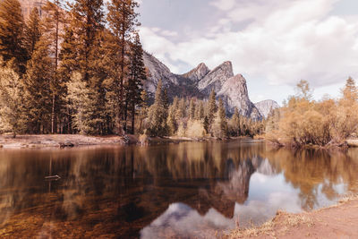 Scenic view of lake by trees against sky