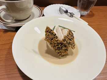 High angle view of dessert in plate on table