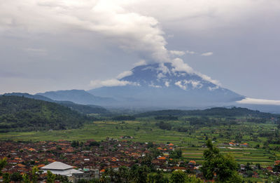 View of volcanic activity of the biggest volcano in bali  - mount agung, indonesia