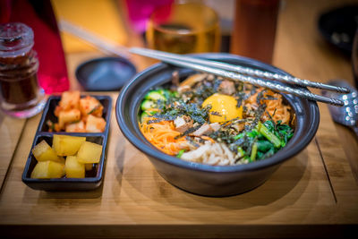 High angle view of food served on table