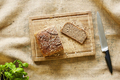 High angle view of breakfast served on cutting board