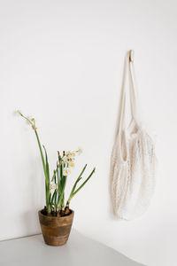 Daffodils in a clay pot and a cotton shopper bag hanging on the wall in the house