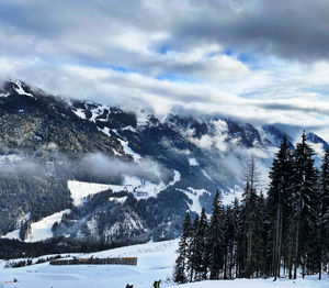 Scenic view of snow covered mountains against sky