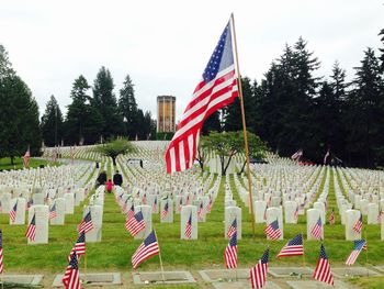 Row of flags at cemetery against sky