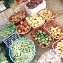 High angle view of fruits and vegetables in market