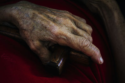 Close-up of elderly people holding a red cross