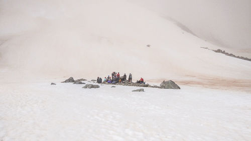 High angle view of people on sand at desert during sunny day