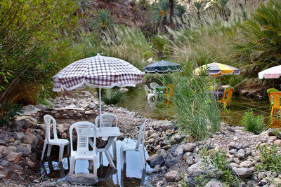 Chairs and rocks on shore