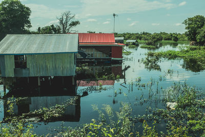 Built structure by lake against sky