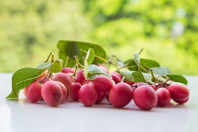 Close-up of strawberries on table