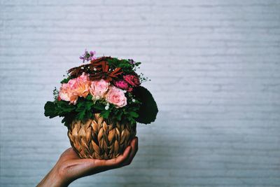 Cropped hand of man holding flowers against wall