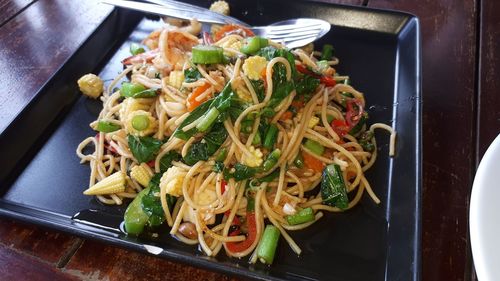 High angle view of food served on table