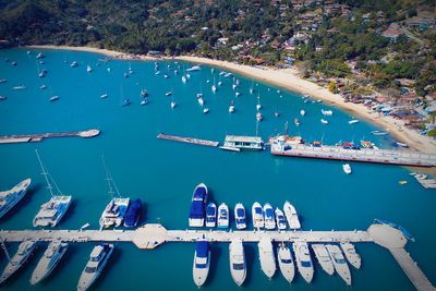 High angle view of boats moored in sea