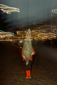 Girl carrying a christmas tree with street lights effect