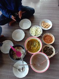 High angle view of breakfast on table