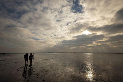 Rear view of friends standing against sea during sunset