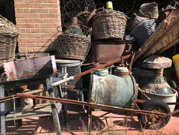 Stack of old wicker basket for sale at market stall