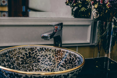 High angle view of tea cup on table at home