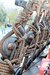 Close-up of rope tied to bollard