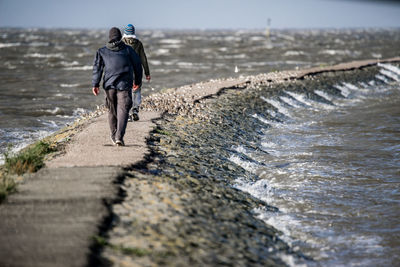 Rear view of man walking on sea shore against sky